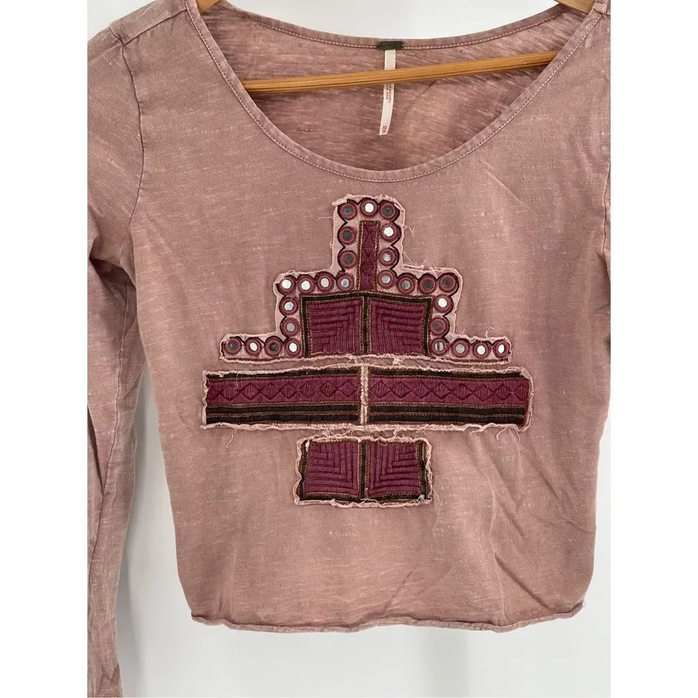 Free People Top Crop Women XS Pink‎ Mauve Embroidered V Neck Bohemian Flutter